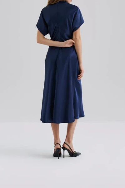 Malina Alivia Short Sleeve Satin Midi Dress In Blue