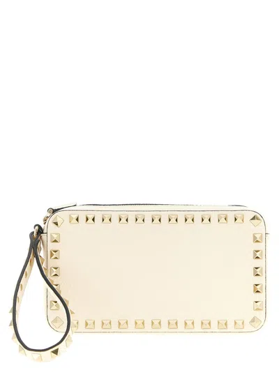 Valentino Rockstud Rectangular Clutch Bag With Wrist Strap In White