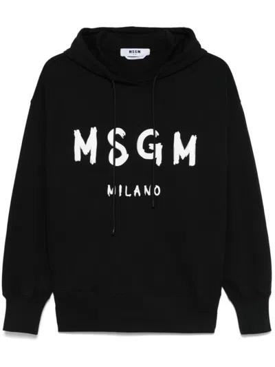 Msgm Black Cotton Crewneck Sweatshirt With Logo In Black