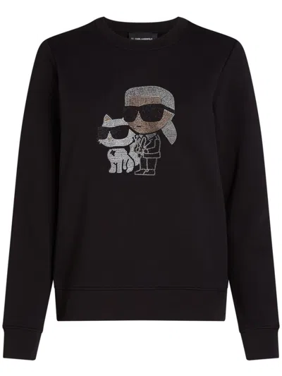 Karl Lagerfeld Black Crewneck Rhinestone Sweatshirt In Multi