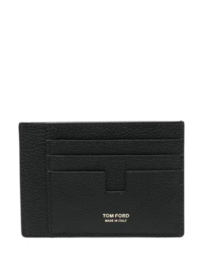 Tom Ford Black Card Holder With Embossed Lgoo Lettering On The Front And Money Clip In Grained Leather Man In Black