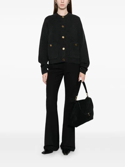 Totême Womens Navy Hammered Round-neck Stretch-wool Blend Cardigan Xs In Black