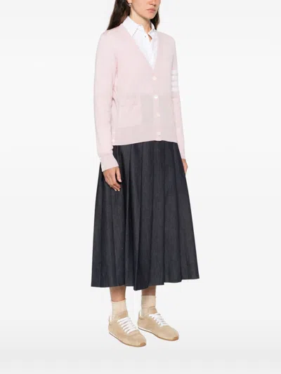 Thom Browne Striped V-neck Long Sleeve Cardigan In Pink