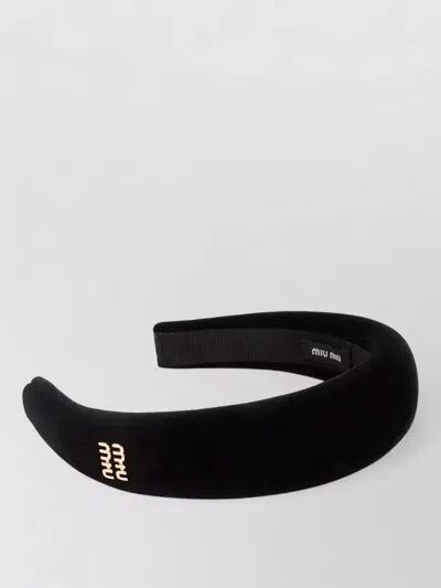 Miu Miu Velvet Cotton Headband Logo In Black
