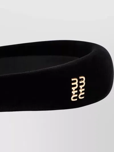 Miu Miu Velvet Cotton Headband Logo In Black
