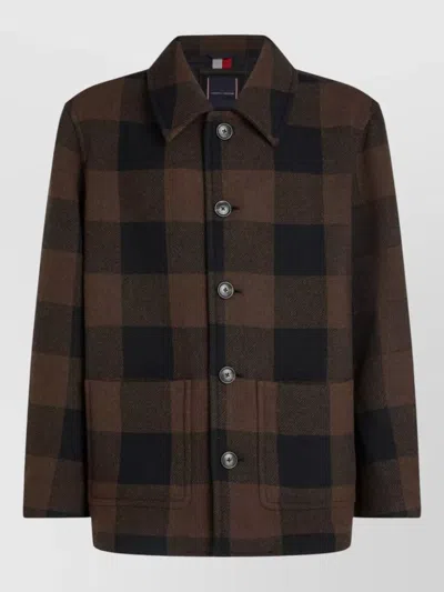 Tommy Hilfiger Stylish Check Pattern Collared Short Jacket In Brown