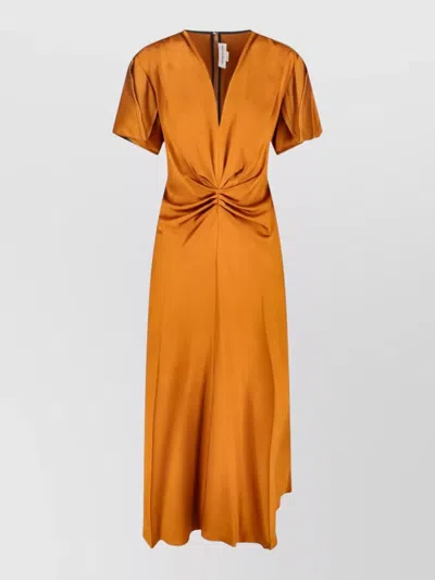 Victoria Beckham Short Sleeve Pleated Dress V-neckline In Orange