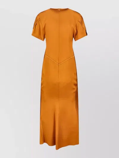 Victoria Beckham Short Sleeve Pleated Dress V-neckline In Orange