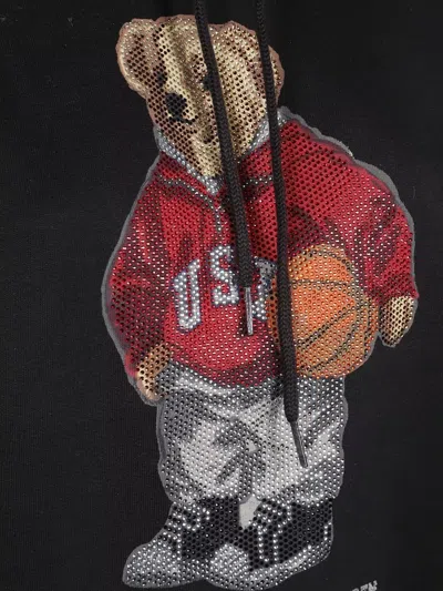 Ralph Lauren Hooded Long Sleeve Embroidered Knit Sweatshirt In Black