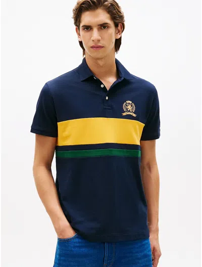 Tommy Hilfiger Crest Logo Stretch Pique Polo In Blue