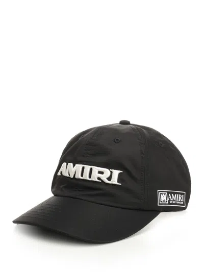 Amiri Men Black Baseball Cap With With Logo Lettering Embroidery In Tech Fabric Man In Black