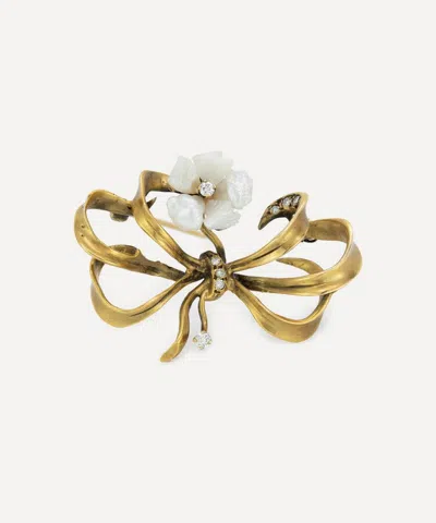 Kojis 14ct Gold Pearl And Diamond Bow Brooch In Gold