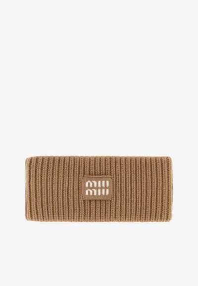 Miu Miu Logo Patch Wool-blend Headband In Brown