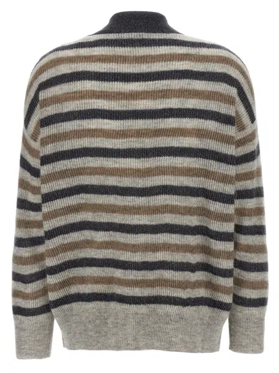 Brunello Cucinelli V-neckline Striped Pattern Wool Cardigan In Gray