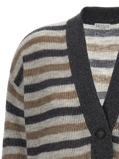 Brunello Cucinelli V-neckline Striped Pattern Wool Cardigan In Gray