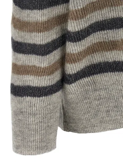 Brunello Cucinelli V-neckline Striped Pattern Wool Cardigan In Gray