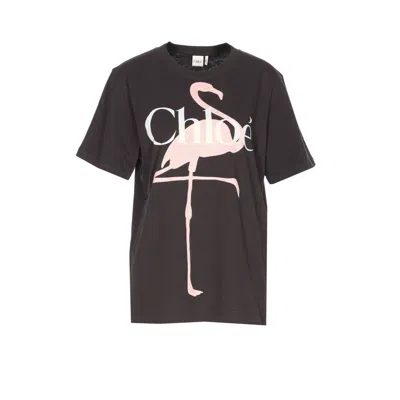 Chloé Chloe' Women Fenicotteri Print And Chloe' Logo T-shirt In Black