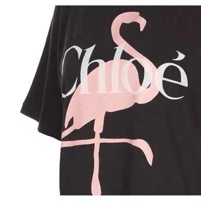 Chloé Chloe' Women Fenicotteri Print And Chloe' Logo T-shirt In Black