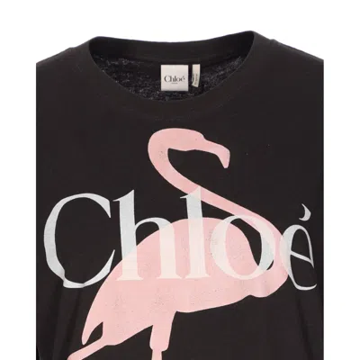 Chloé Chloe' Women Fenicotteri Print And Chloe' Logo T-shirt In Black
