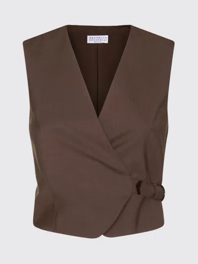Brunello Cucinelli Sleeveless V-neck Jacket Belted Detail In Brown