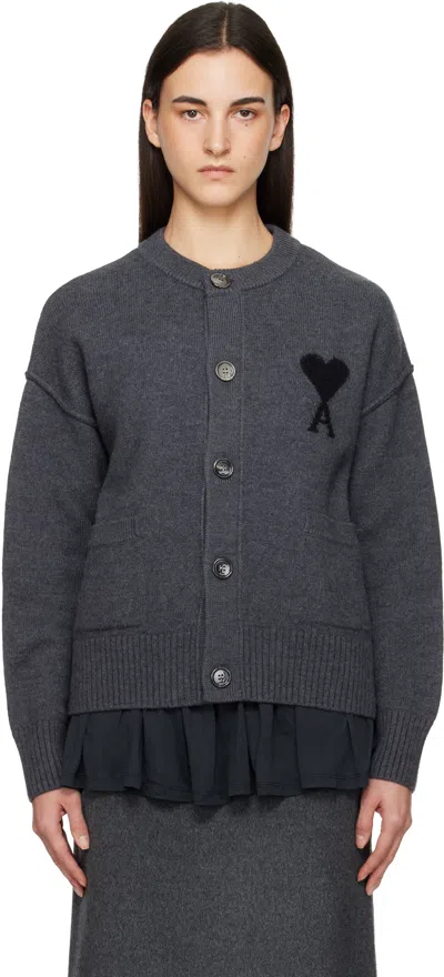 Ami Alexandre Mattiussi Gray Felted Merino Wool Knit Ami De Coeur Cardigan In Gray