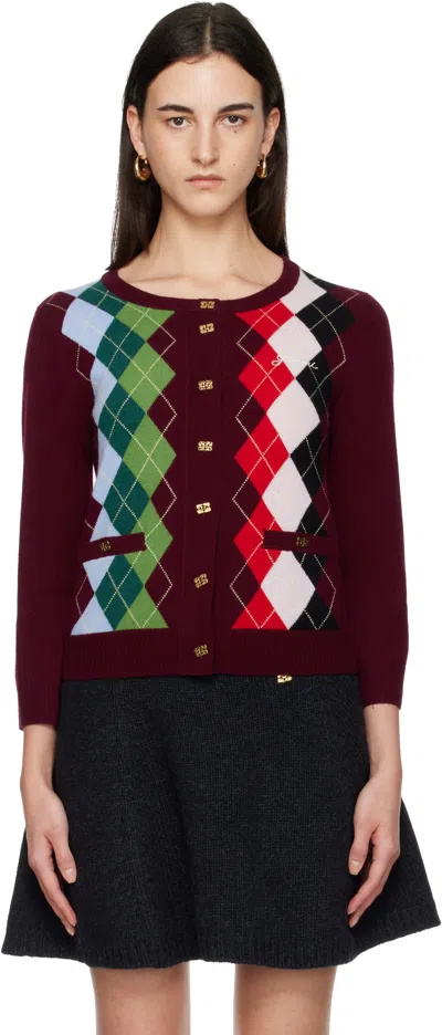 Ganni Burgundy Checked Cardigan In Cashmere Blend Women In Multi