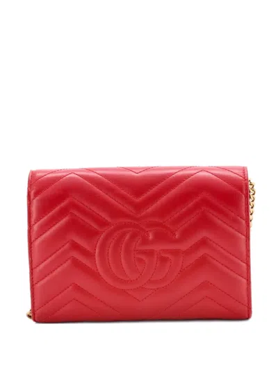 Pre-owned Gucci Gg Marmont Chain Wallet Matelasse Leather Mini Crossbody Bag In Red
