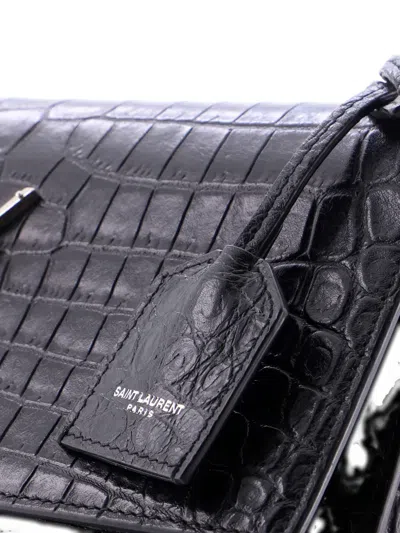 Pre-owned Saint Laurent Sunset Crocodile Embossed Leather Medium Crossbody Bag In Black