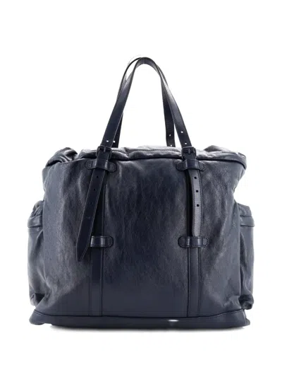 Pre-owned Gucci Tonal Gg Drawstring Leather Tote Bag In Blue