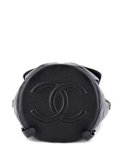 Pre-owned Chanel Double Pocket Flap Bucket Quilted Caviar Backpack In Black
