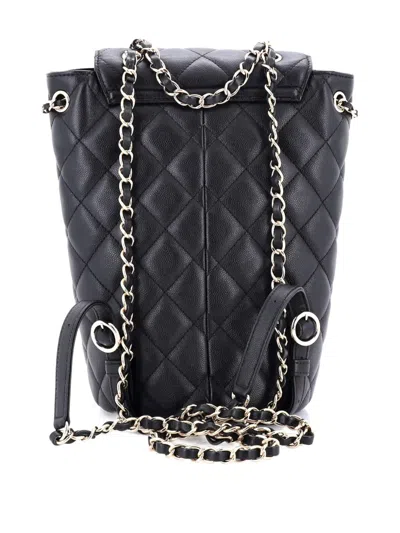 Pre-owned Chanel Double Pocket Flap Bucket Quilted Caviar Backpack In Black