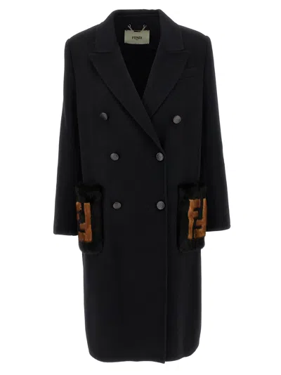 Fendi Double Wool Coat In Black