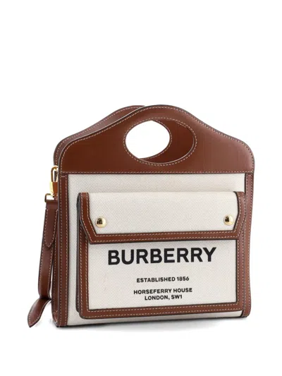 Pre-owned Burberry Logo Pocket Tote Canvas With Leather Mini Crossbody Bag In Brown
