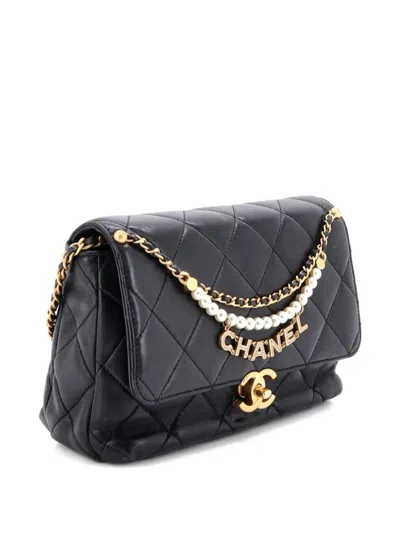 Pre-owned Chanel Logo Chains Flap Bag Quilted Lambskin With Faux Pearls And Crystals Small Shoulder Bag In Black