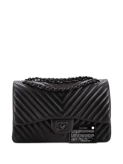 Pre-owned Chanel So Black Classic Double Flap Bag Chevron Lambskin Jumbo Crossbody Bag