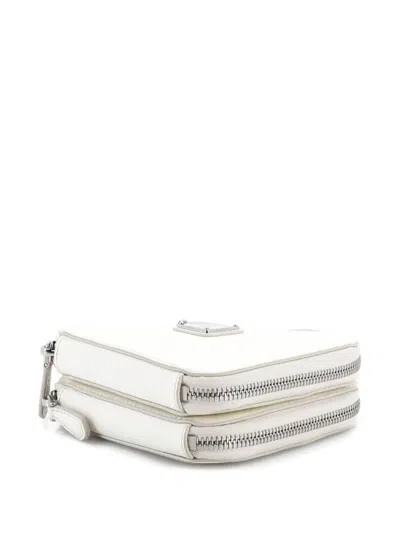 Pre-owned Prada Triangle Double Zip Pouch Bag With Chain Saffiano Leather Mini Crossbody Bag In White
