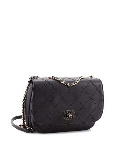 Pre-owned Chanel Enamel Cc Chain Flap Bag Stitched Calfskin Small Shoulder Bag In Black