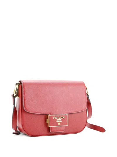Pre-owned Prada Embleme Flap Bag Saffiano Leather Small Shoulder Bag In Red