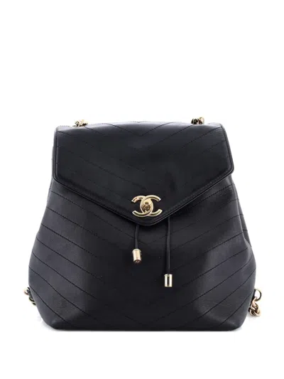 Pre-owned Chanel Coco Chevron Stitched Calfskin Small Backpack In Black