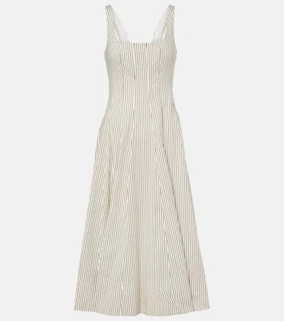 Staud Striped Pleated Cotton Midi Dress In Neutral