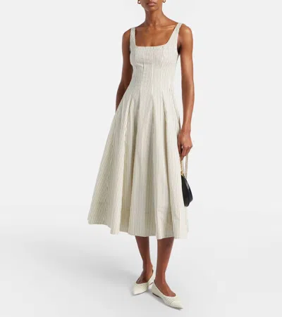 Staud Striped Pleated Cotton Midi Dress In Neutral
