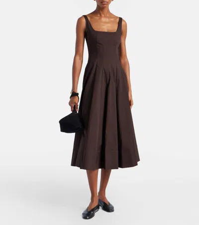 Staud Pleated Cotton Midi Dress In Brown