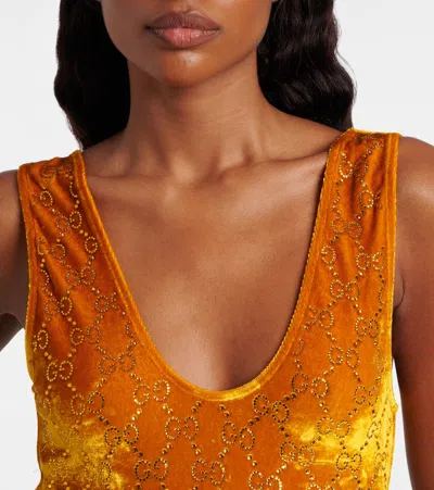 Gucci Gg Embellished Velvet Bodysuit In Red