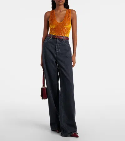 Gucci Gg Embellished Velvet Bodysuit In Red