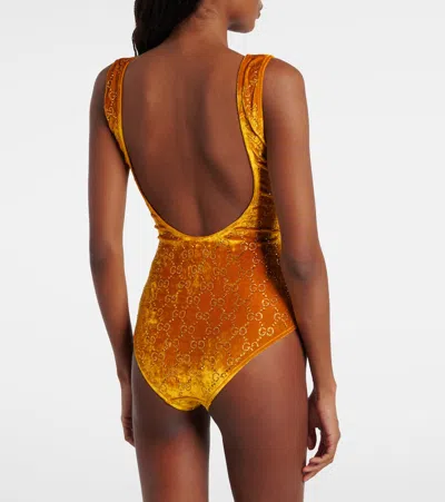 Gucci Gg Embellished Velvet Bodysuit In Red