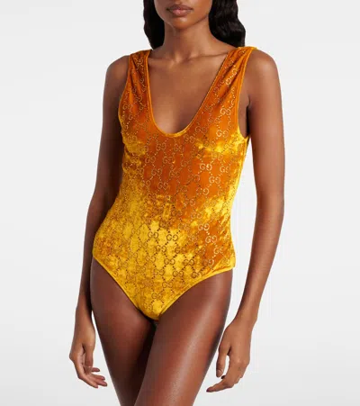 Gucci Gg Embellished Velvet Bodysuit In Red
