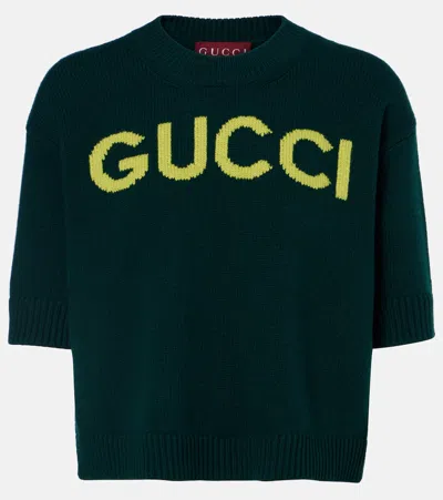 Gucci Women Wool Sweater With Frontal Logo Embroidery In Green