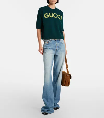 Gucci Women Wool Sweater With Frontal Logo Embroidery In Green