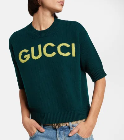 Gucci Women Wool Sweater With Frontal Logo Embroidery In Green