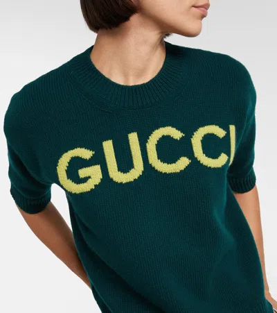 Gucci Women Wool Sweater With Frontal Logo Embroidery In Green